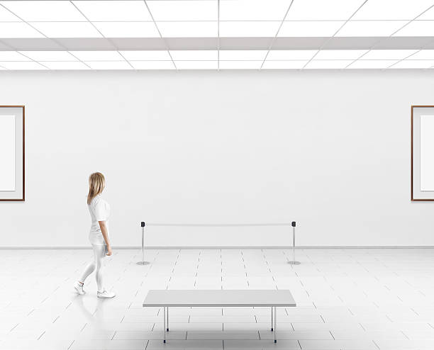 Modern gallery wall mockup. Woman walk in museum hall