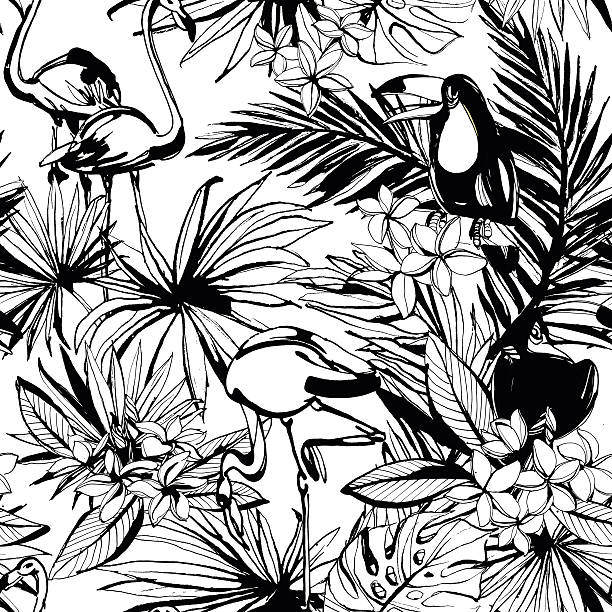 ilustrações, clipart, desenhos animados e ícones de floral sem emenda padrão de verão tropical com folhas de palm beach, - tree bird flower pattern