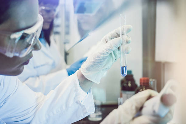istock Scientist looking at the test tube in the digestorium 579776364