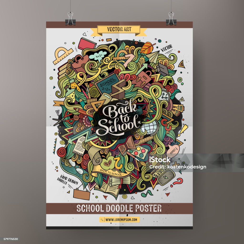 Cartoon doodles school poster template Cartoon colorful hand drawn doodles school poster template. Very detailed, with lots of objects illustration. Funny vector artwork. Corporate identity education design. Back to School stock vector