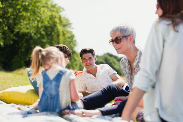 istock Multi-generation family relaxing on blanket in sunny field 579980645