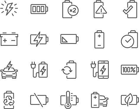 Simple Set of Batteries Related Vector Line Icons. Contains such Icons as Car Charge Station, Recycle, Phone Charging, Battery Life Time and more. Editable Stroke. 48x48 Pixel Perfect.