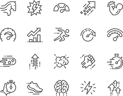 Simple Set of Performance Related Vector Line Icons. Contains such Icons as Power, Speed, Graph, Sprint, Boost, Brain, Gain and more. Editable Stroke. 48x48 Pixel Perfect.