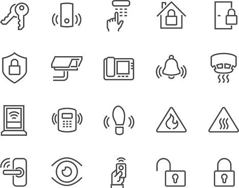 Simple Set of Home Security Related Vector Line Icons. Contains such Icons as Door Handle, Lock, Cam, CCTV, Remote and more. Editable Stroke. 48x48 Pixel Perfect.