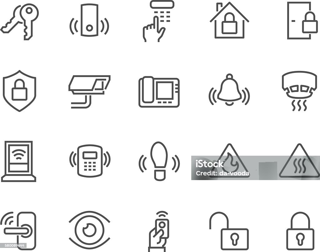 Line Home Security Icons Simple Set of Home Security Related Vector Line Icons. Contains such Icons as Door Handle, Lock, Cam, CCTV, Remote and more. Editable Stroke. 48x48 Pixel Perfect. Icon Symbol stock vector