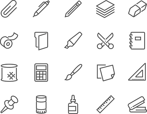 Simple Set of Stationery Related Vector Line Icons. Contains such Icons as Duct Tape, Paper, Eraser, Pen, Pencil and more. Editable Stroke. 48x48 Pixel Perfect.