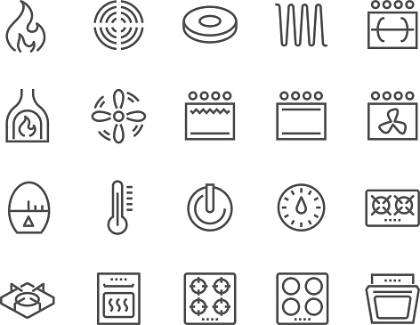 Simple Set of Stove Related Vector Line Icons. Contains such Icons as Timer, Heat, Gas, Induction, Electrical Stove and more. Editable Stroke. 48x48 Pixel Perfect.