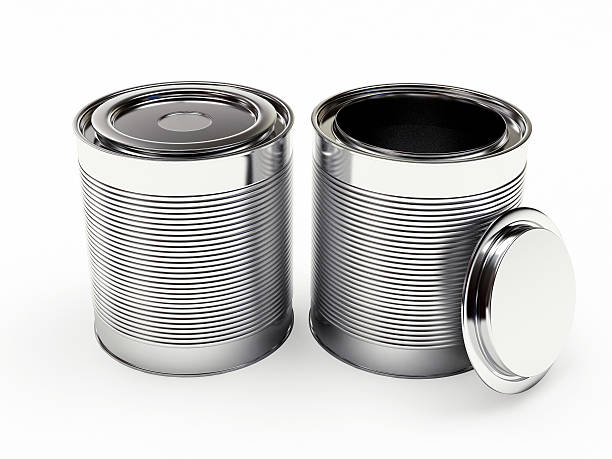 istock Closed and open metal cans on a white 580090176