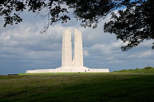 Canadian National Vimy Memorial Vimy, France - July 5, 2016: The twin pylons of the Canadian National Vimy Memorial, seen from the west, rising to a height 30 metres above the memorial's stone platform. vimy memorial stock pictures, royalty-free photos & images