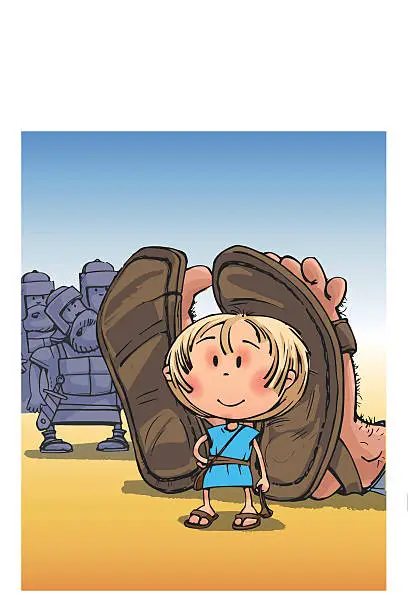 Vector illustration of David vs. Goliath Biblical story comic drawing funny characters