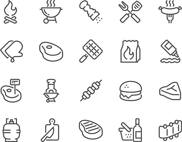 ilustrações, clipart, desenhos animados e ícones de ícones de churrasco da linha - grelhador