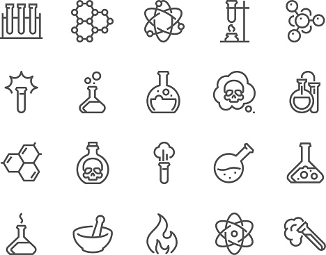 Simple Set of Chemical Related Vector Line Icons. Contains such Icons as Atom, Flask, Experiment, Research, Laboratory and more. Editable Stroke. 48x48 Pixel Perfect.