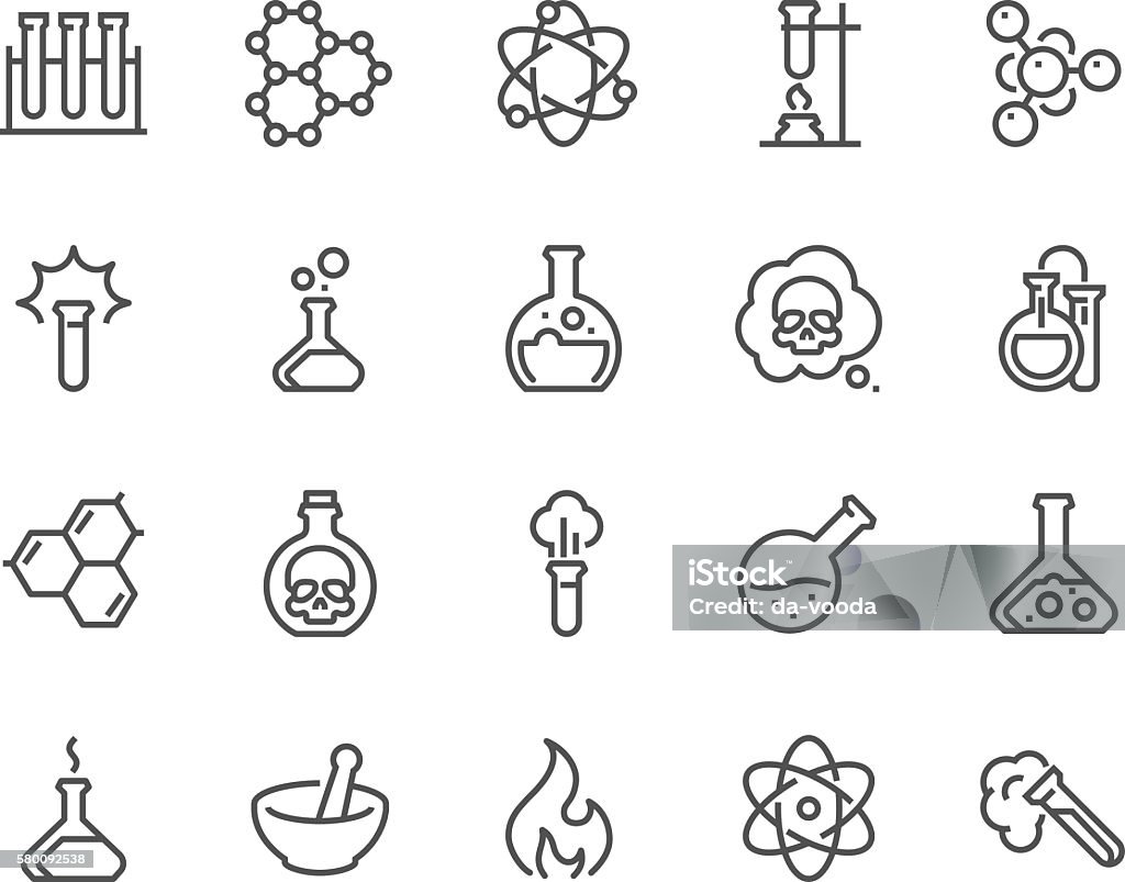 Line Chemical Icons Simple Set of Chemical Related Vector Line Icons. Contains such Icons as Atom, Flask, Experiment, Research, Laboratory and more. Editable Stroke. 48x48 Pixel Perfect. Icon Symbol stock vector
