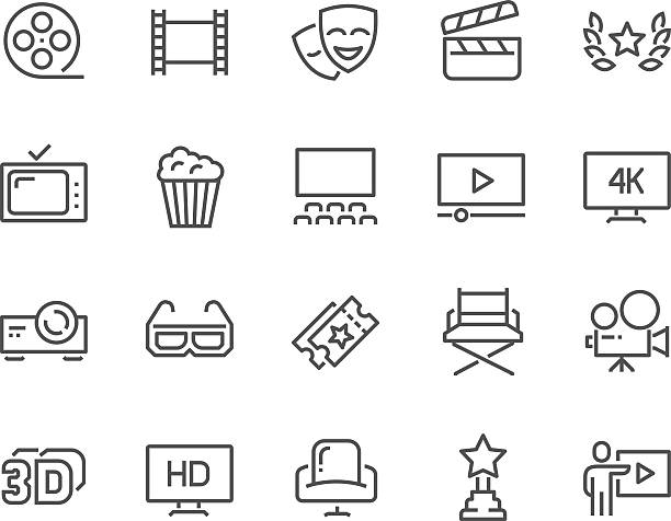 ilustraciones, imágenes clip art, dibujos animados e iconos de stock de iconos de cine de línea - resolución 4k