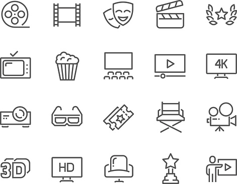 Simple Set of Cinema Related Vector Line Icons. Contains such Icons as Movie Theater, TV, Popcorn, Video Clip and more. Editable Stroke. 48x48 Pixel Perfect.