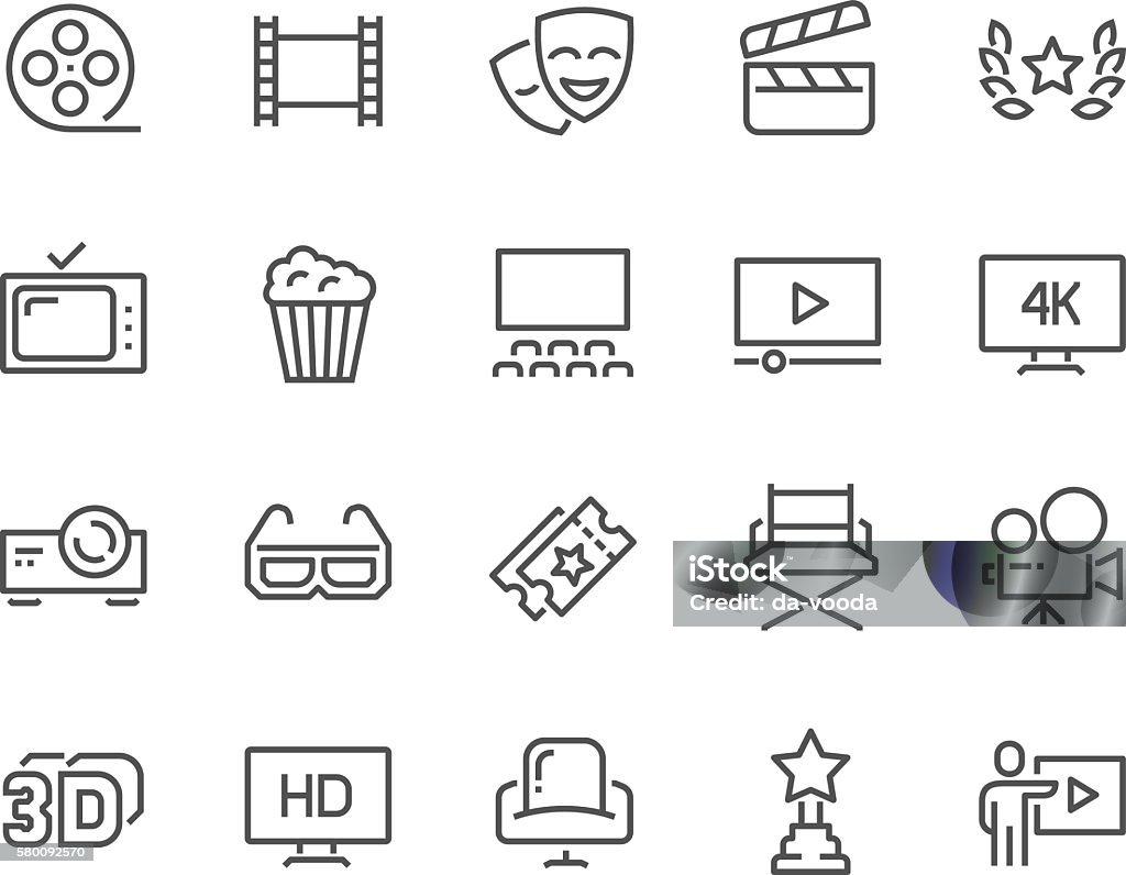 Line Cinema Icons Simple Set of Cinema Related Vector Line Icons. Contains such Icons as Movie Theater, TV, Popcorn, Video Clip and more. Editable Stroke. 48x48 Pixel Perfect. Icon Symbol stock vector