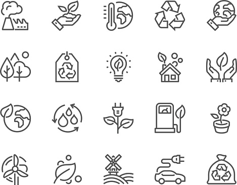 Simple Set of Eco Related Vector Line Icons. Contains such Icons as Electro Car, Global Warming, Forest, Organic Farming and more. Editable Stroke. 48x48 Pixel Perfect.