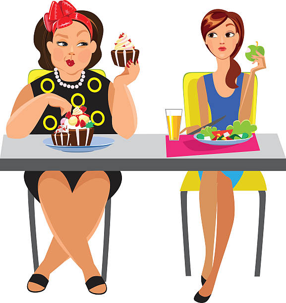 funny picture of two women at table eat, different diet vector art illustration