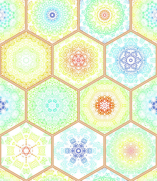 Luxury oriental tile seamless pattern. Luxury oriental tile seamless pattern. Colorful floral patchwork background. Mandala boho chic style. Rich flower ornament. Hexagon design elements. Portuguese moroccan motif. Unusual flourish print mexican tile cross stock illustrations