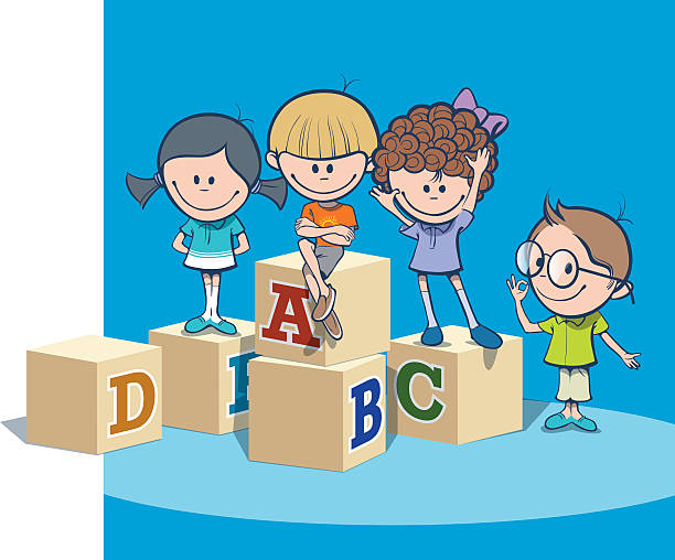 School kids School kids with alphabet blocks preschool building stock illustrations