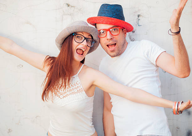 Happy young caucasian couple having fun