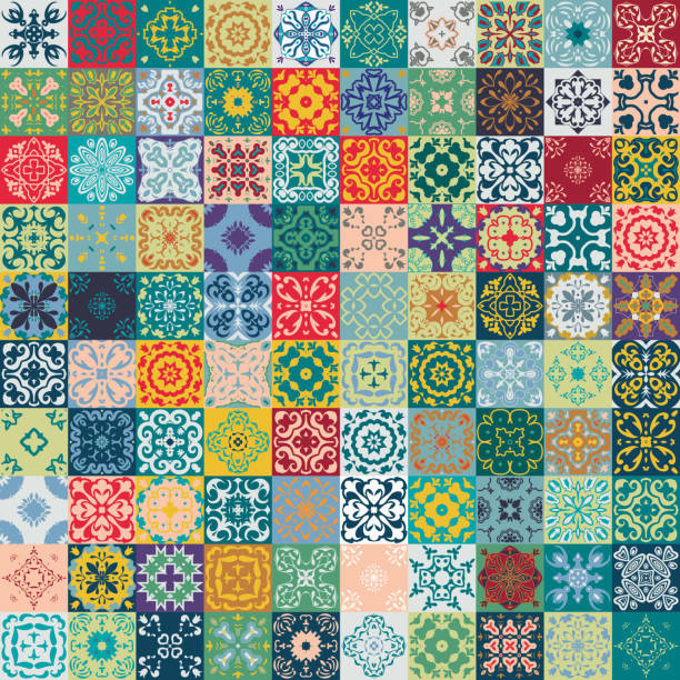 Gorgeous floral patchwork design. square tiles, tribal ornaments Gorgeous floral patchwork design. Moroccan or Mediterranean square tiles, tribal ornaments. For wallpaper print, pattern fills, web page background, surface textures. Indigo blue teal green olive. mexican tile cross stock illustrations