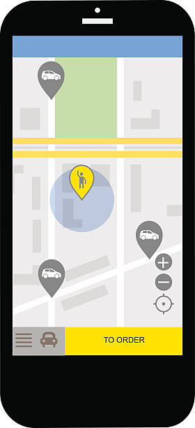 ilustrações de stock, clip art, desenhos animados e ícones de aplicação de rede de transporte, ligar para um telefone, conceito móvel de cabina - uber