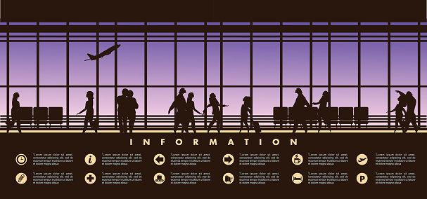 vector illustration of the airport building waiting room large picture window, people silhouettes, mourners, horizontal poster, an information board with icons and text