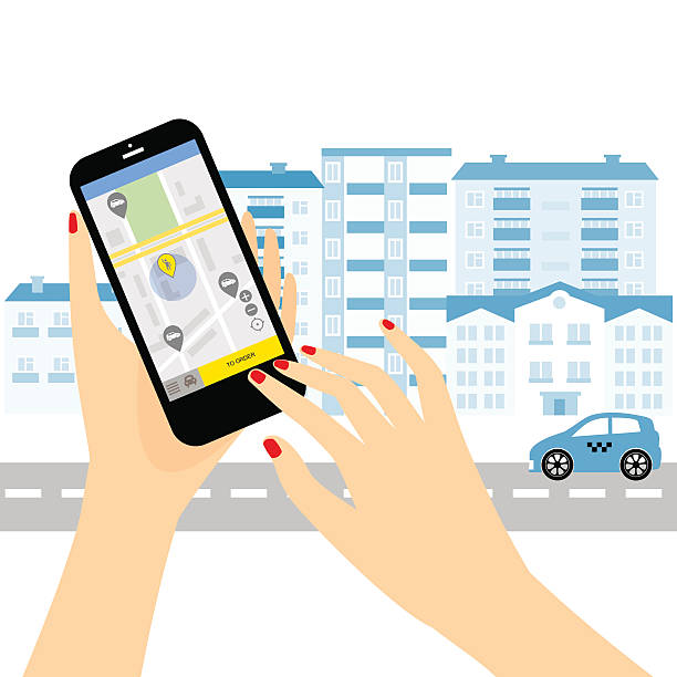 Taxi service. Taxi service. Smartphone and touchscreen, city skyscrapers. Transportation network app, calling a cab by mobile phone concept. mobility as a service stock illustrations