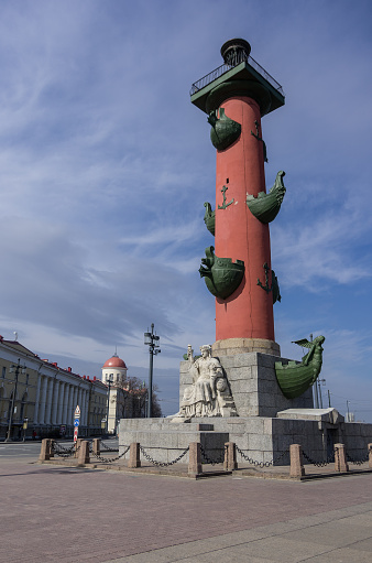 Spit of Vasilievsky island, view on Rostral column. Sankt Peterburg, Russia