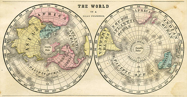 Polar projection of the world map 1856 Colton and Fitch's Modern School Geography by George W. Fitch - New York 1856. north pole map stock illustrations