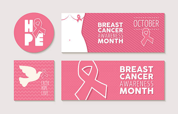 ilustraciones, imágenes clip art, dibujos animados e iconos de stock de pancartas y etiquetas establecidas para la concientización sobre el cáncer de mama - beast cancer awareness month