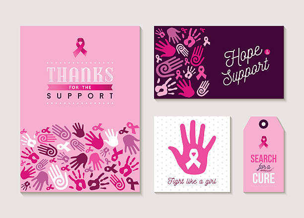 Pink breast cancer design set for awareness Set layout of pink breast cancer designs with support text and hand illustrations for social awareness. EPS10 vector. beast cancer awareness month stock illustrations
