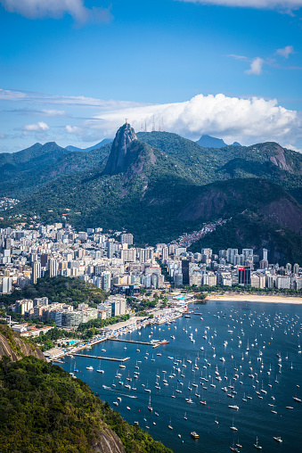 Aerial view of Rio with Corcovado mountain and Botofago bay from Sugarloaf mountain, Rio de Janeiro, Brazil
