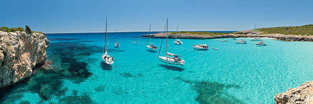 Panorama of Cala Varques Bay with Yachts, Mallorca, Spain