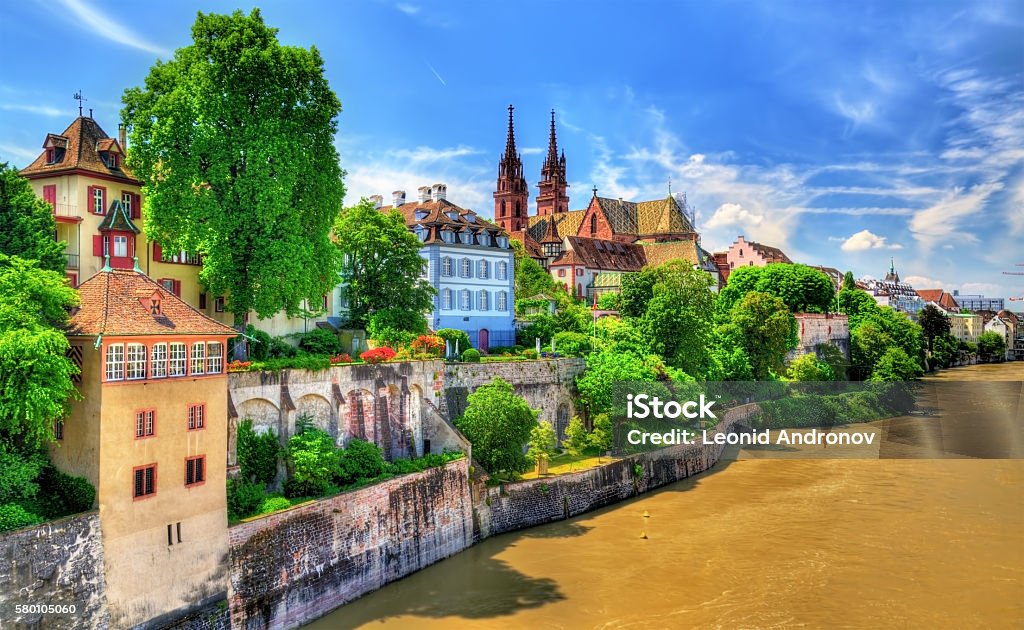 Old town of Basel with the cathedral above the Rhine Old town of Basel with the cathedral above the Rhine river - Switzerland Basel - Switzerland Stock Photo