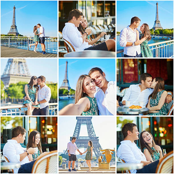 Collage with young romantic couple having a date Collage with young romantic couple having a date, walking together and drinking coffee in Paris. Tourist on vacation in France paris france eiffel tower love kissing stock pictures, royalty-free photos & images