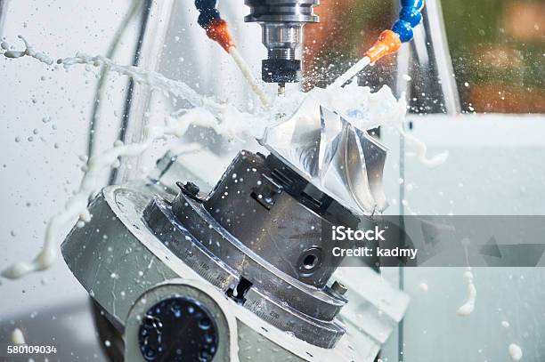 Milling Metalworking Process Industrial Cnc Metal Machining By Vertical Mill Stock Photo - Download Image Now