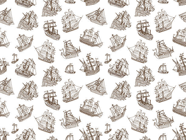 nahtlose alte segelschiffe doodles - brigantine sailing ship old nautical vessel stock-grafiken, -clipart, -cartoons und -symbole