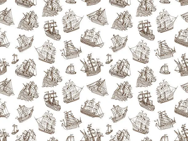 Vector illustration of Seamless Old Sailing Ships Doodles