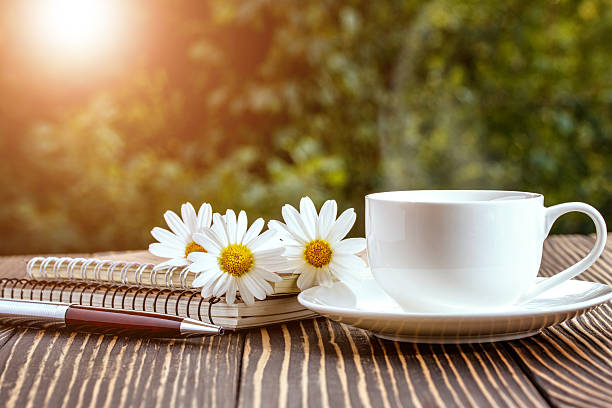 istock blank white notebook, flowers and cup of coffee 580112630