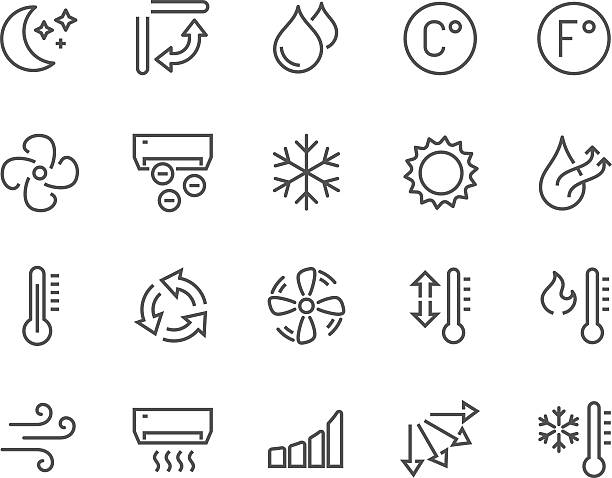 ilustraciones, imágenes clip art, dibujos animados e iconos de stock de iconos de aire acondicionado de línea - termostato