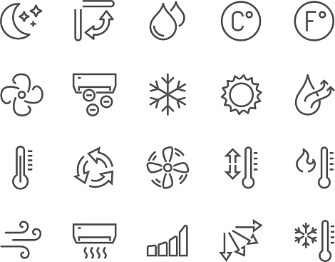 Simple Set of Air Conditioning Related Vector Line Icons. Contains such Icons as Cool, Humidity, Airing, Ionisation and more. Editable Stroke. 48x48 Pixel Perfect.