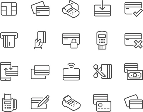 Simple Set of Credit Card Related Vector Line Icons. Contains such Icons as Chip, Register, Safe Payment, Cash, Sync and more. Editable Stroke. 48x48 Pixel Perfect.