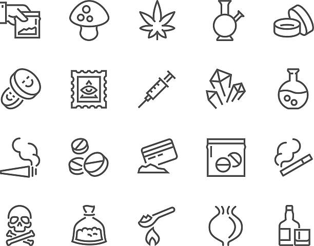 Line Drugs Icons Simple Set of Drugs Related Vector Line Icons. Contains such Icons as Marijuana, Cocaine, Heroin, LSD, Extasy and more. Editable Stroke. 48x48 Pixel Perfect. cannabis narcotic stock illustrations