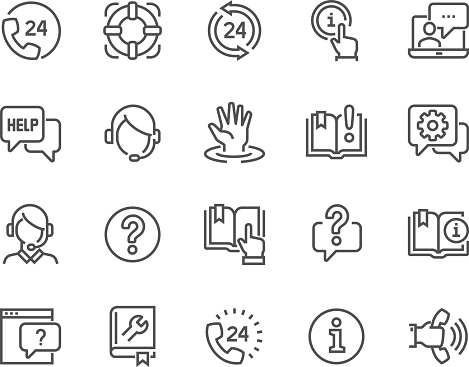 Simple Set of Help and Support Related Vector Line Icons. Contains such Icons as Phone Assistant, Online Help, Video Chat and more. Editable Stroke. 48x48 Pixel Perfect.