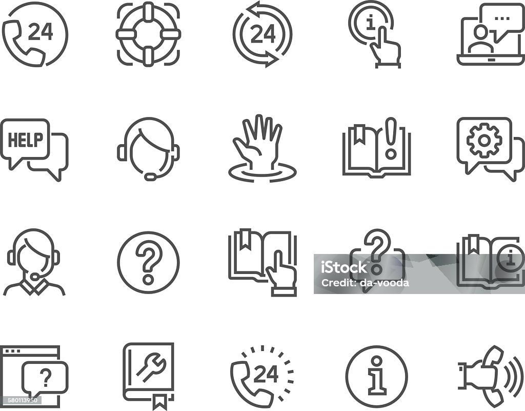 Line Help and Support Icons Simple Set of Help and Support Related Vector Line Icons. Contains such Icons as Phone Assistant, Online Help, Video Chat and more. Editable Stroke. 48x48 Pixel Perfect. Icon Symbol stock vector