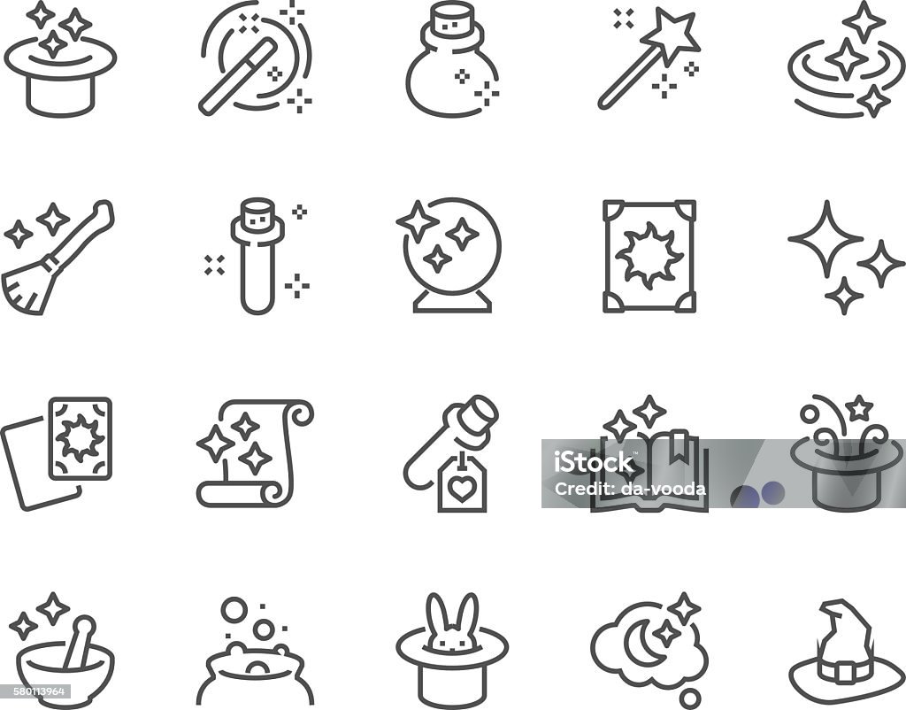 Line Magic Icons Simple Set of Magic Related Vector Line Icons. Contains such Icons as Magic Hat, Wand, Spell Book, Effect and more. Editable Stroke. 48x48 Pixel Perfect. Icon Symbol stock vector
