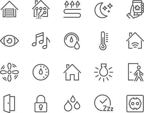 Simple Set of Smart House Related Vector Line Icons. Contains such Icons as Fan Control, Camera, Light Settings, Humidity and more. Editable Stroke. 48x48 Pixel Perfect.