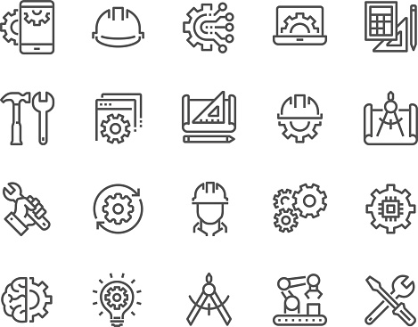Simple Set of Engineering Related Vector Line Icons. Contains such Icons as Manufacturing, Engineer, Production, Settings and more. Editable Stroke. 48x48 Pixel Perfect.